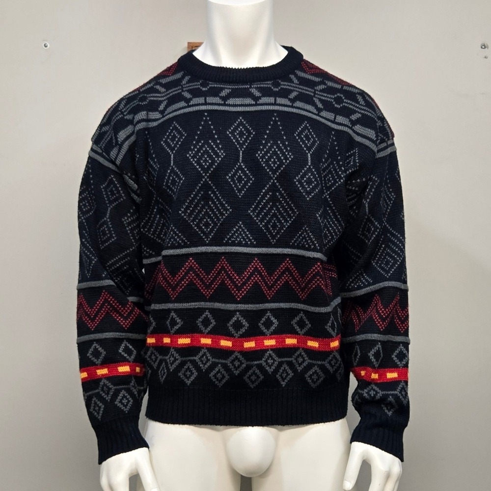 Vintage 90s Sears Sweater XL Black Red Southwestern Geometric Grandpa Grunge